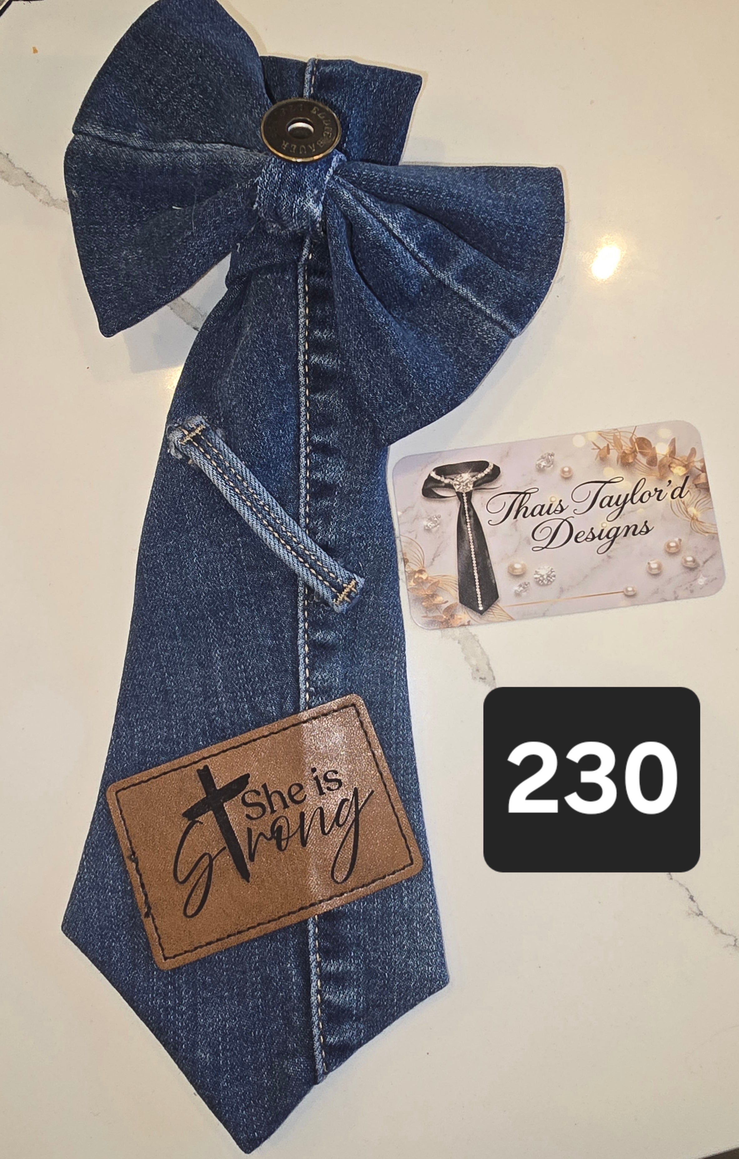 The 'She Is Strong' Denim Tie | Faith Patch & Denim Bow Brooch — Customize It Your Way
