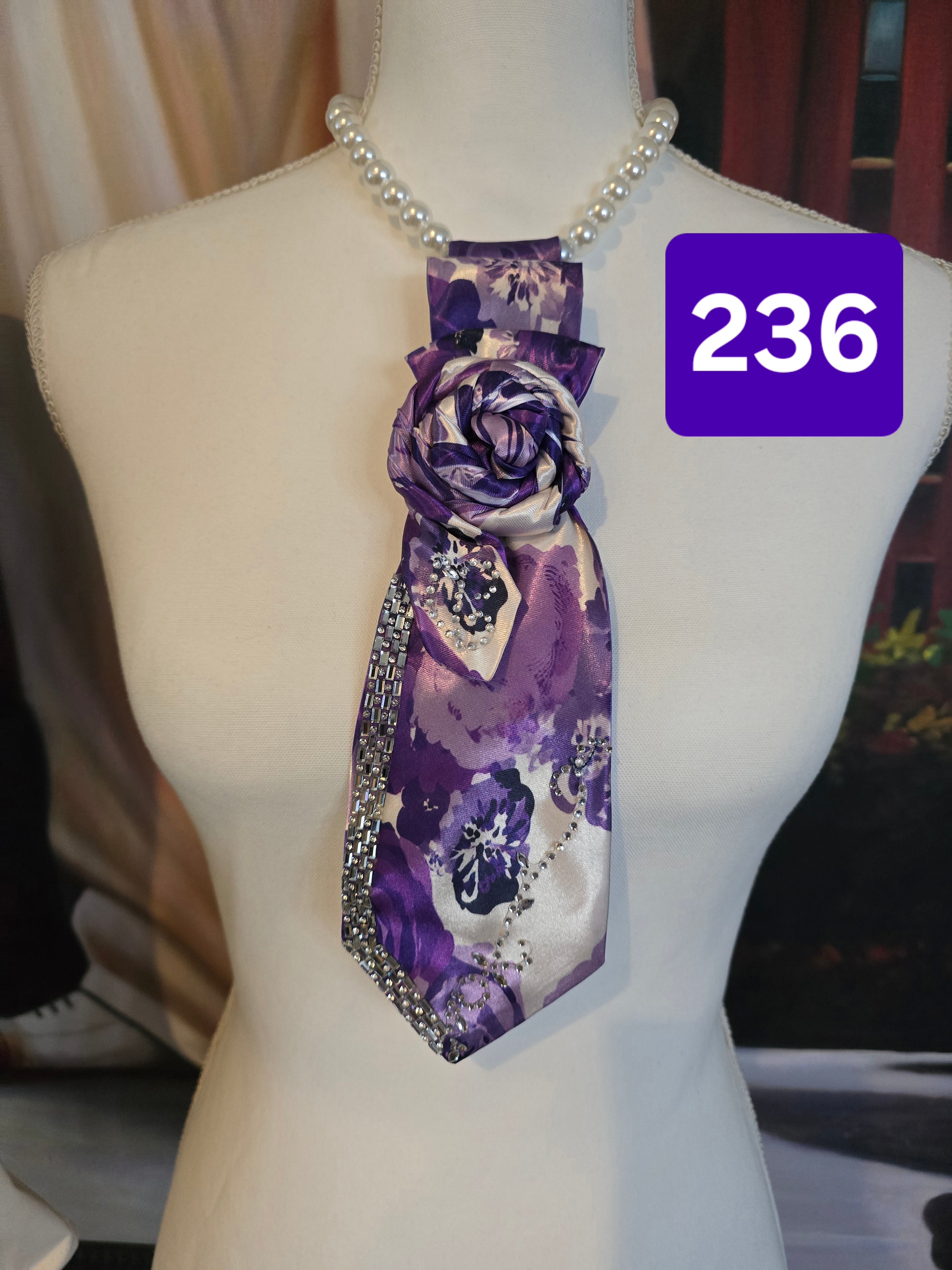 Violet Reign – Satin Rose Knot Tie with Rhinestone Trim