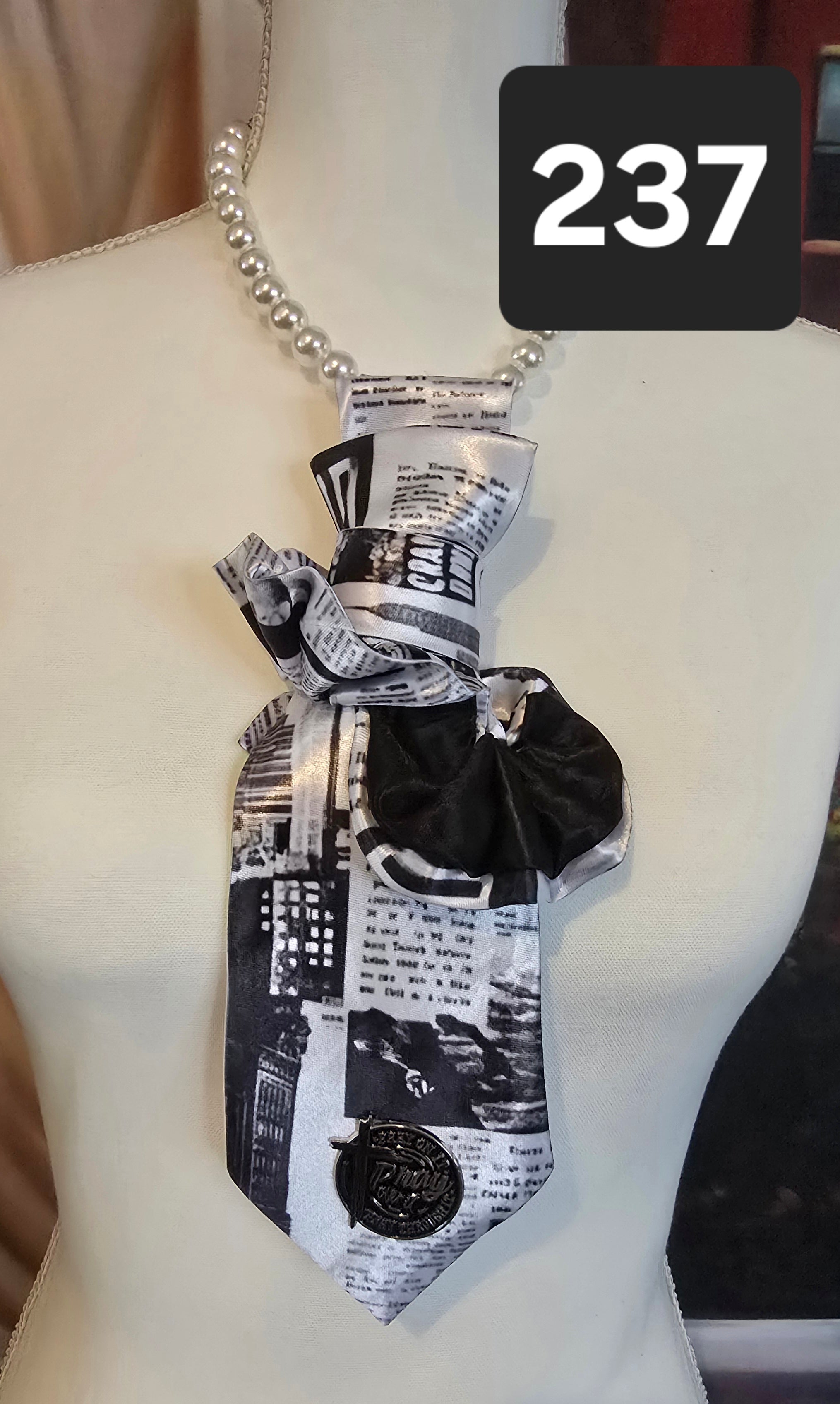 Press & Blessed – Newspaper Print Ruffle Tie with Pray Over It Pin