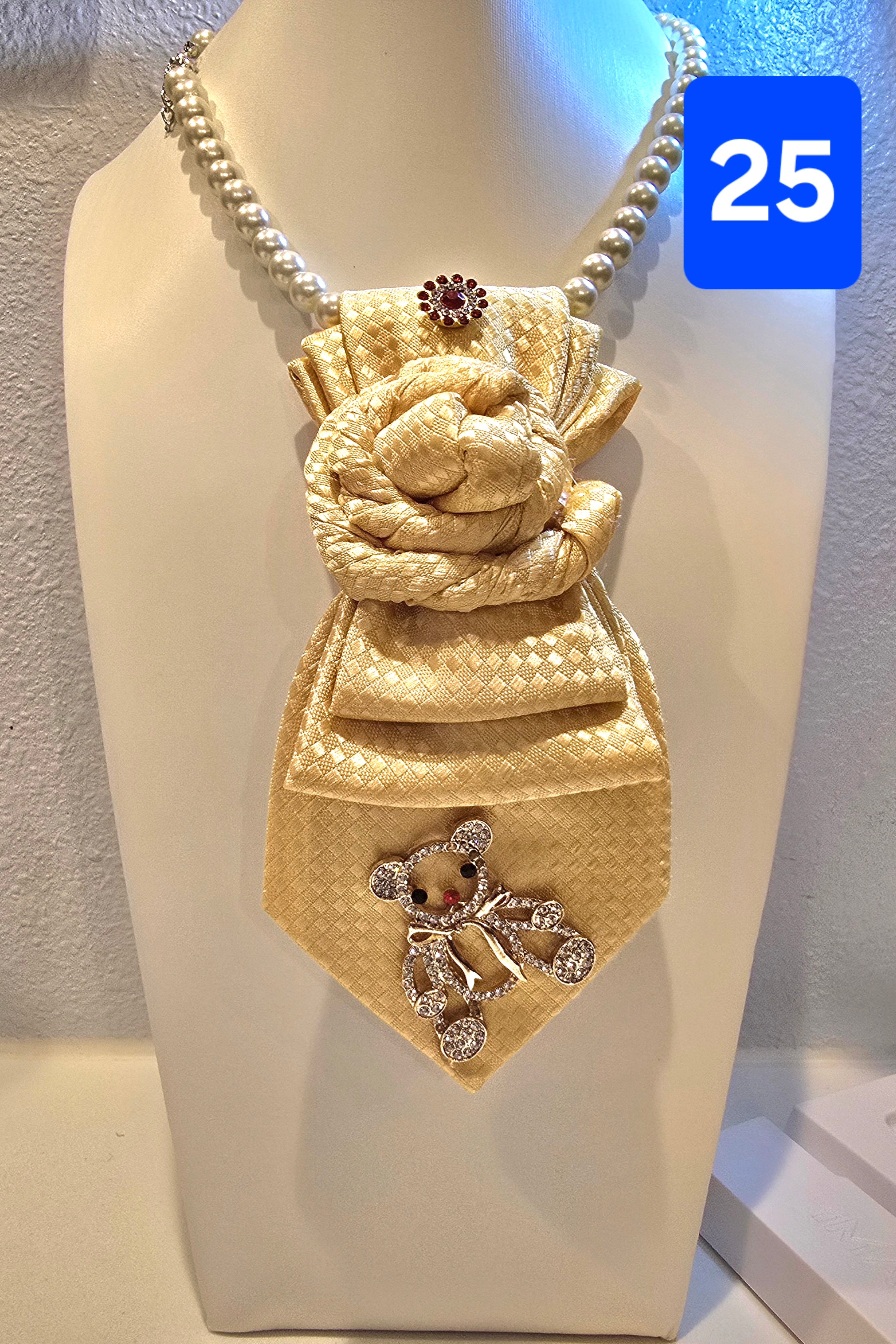 Custom Champagne Textured Tie with Crystal Teddy Bear Brooch