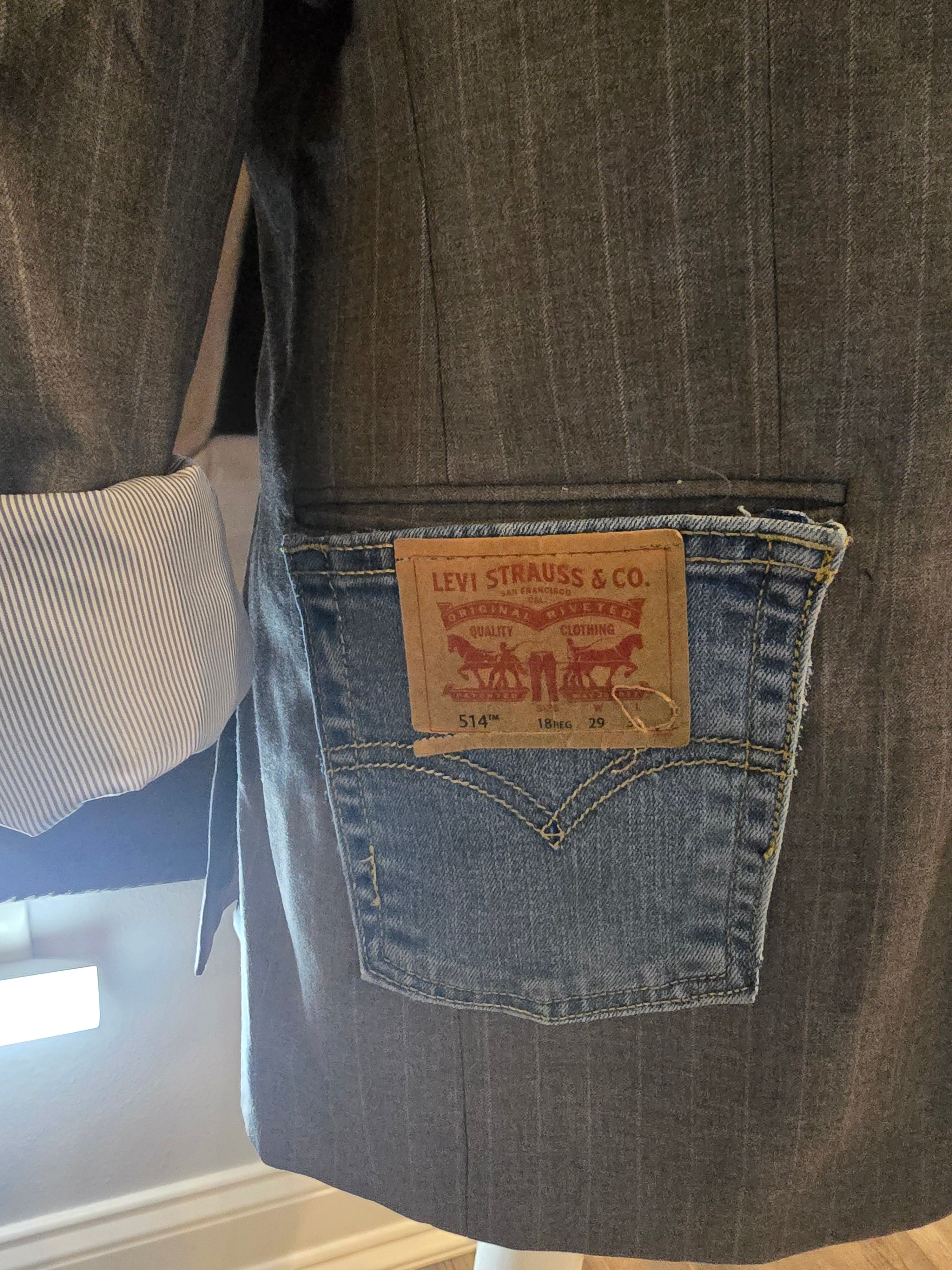 Dapper & Dazzled – Vintage Pinstriped Blazer with Red Faith Patches & Bedazzled Lapel, Size 38 Slim