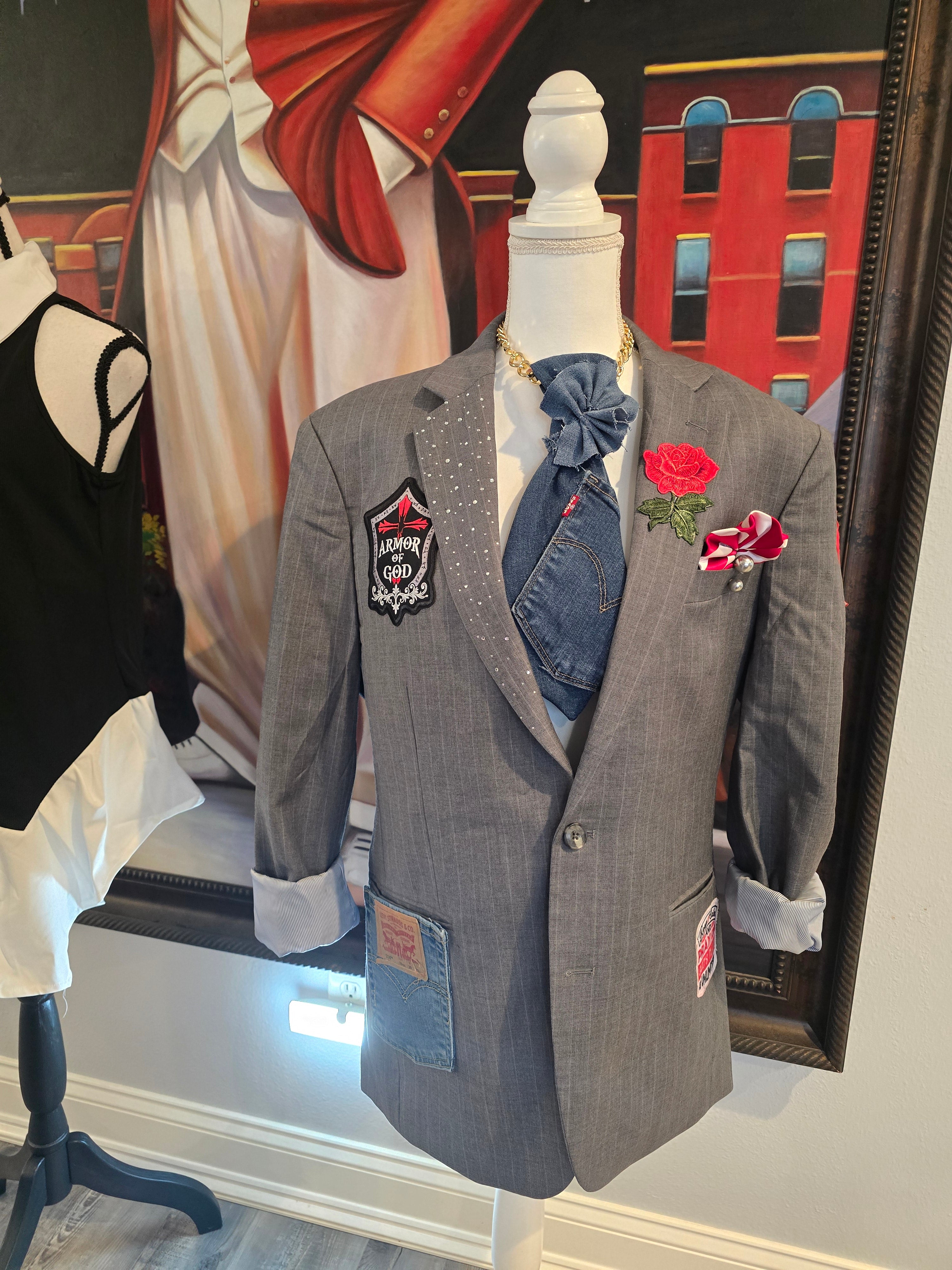Dapper & Dazzled – Vintage Pinstriped Blazer with Red Faith Patches & Bedazzled Lapel, Size 38 Slim