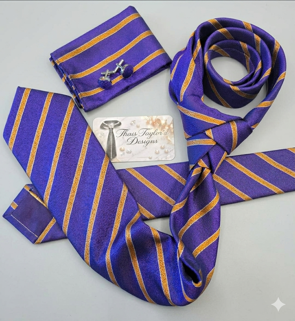 Purple & Gold Greek-Inspired Men's Tie Set | Necktie, Pocket Square & Cufflinks