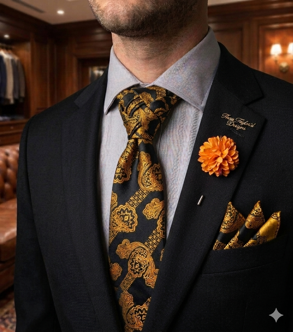 Gold Standard – Men's Black & Gold Tie Set with Pocket Square, Flower Pin & Cufflinks