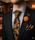 Gold Standard – Men's Black & Gold Tie Set with Pocket Square, Flower Pin & Cufflinks