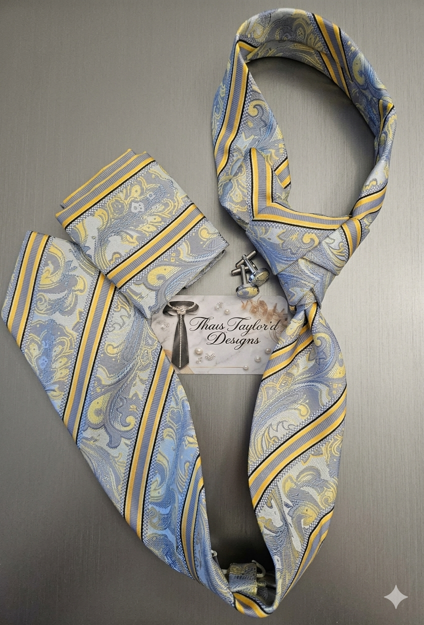 Solar, Silver & Navy – Men's Striped Tie Set with Pocket Square, Cufflinks & Eldredge Knot