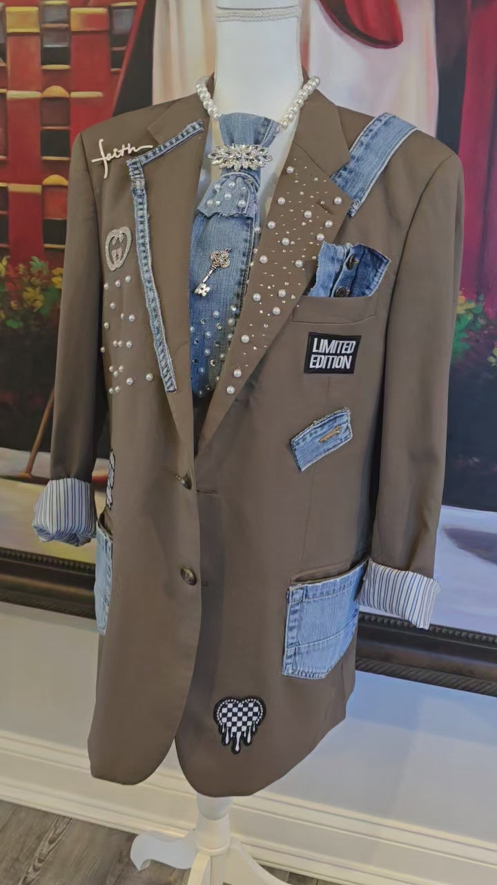The Faith & Flair Blazer — Vintage IZOD 40L Khaki | Denim, Pearl & Rhinestone Custom